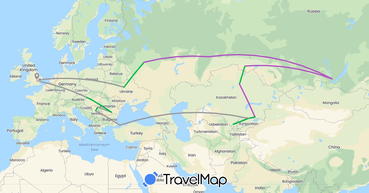 TravelMap itinerary: driving, bus, plane, train in United Kingdom, Hungary, Kyrgyzstan, Kazakhstan, Romania, Serbia, Russia, Slovakia, Turkey, Ukraine, Uzbekistan (Asia, Europe)